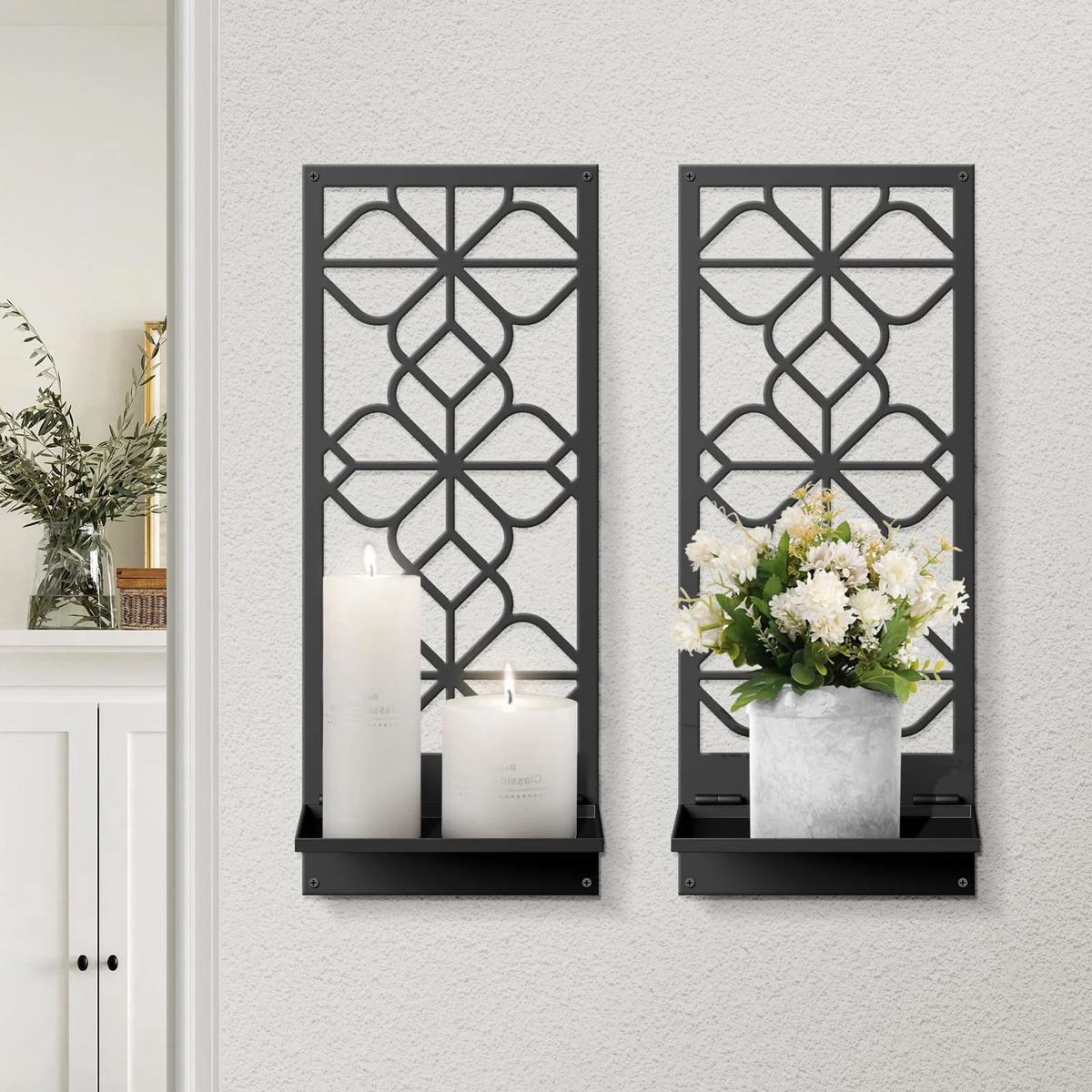 Black Metal Wall Art Set of 2 Wall Candle Holder