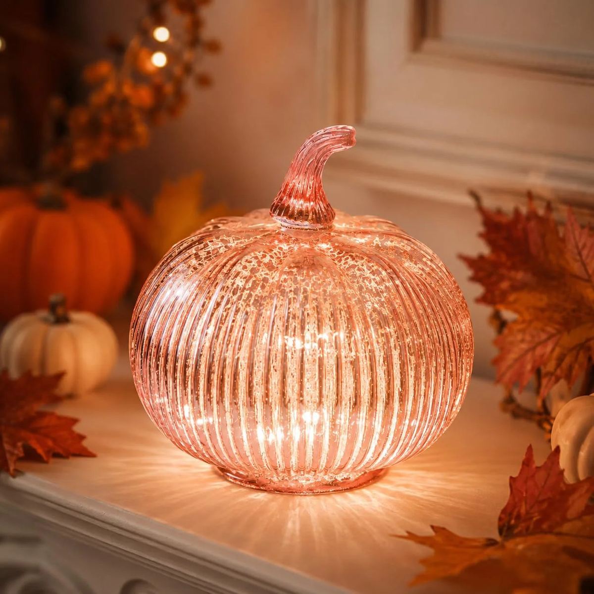 Rose Gold Glass Pumpkin Light with 2 Lighting Modes and 6
