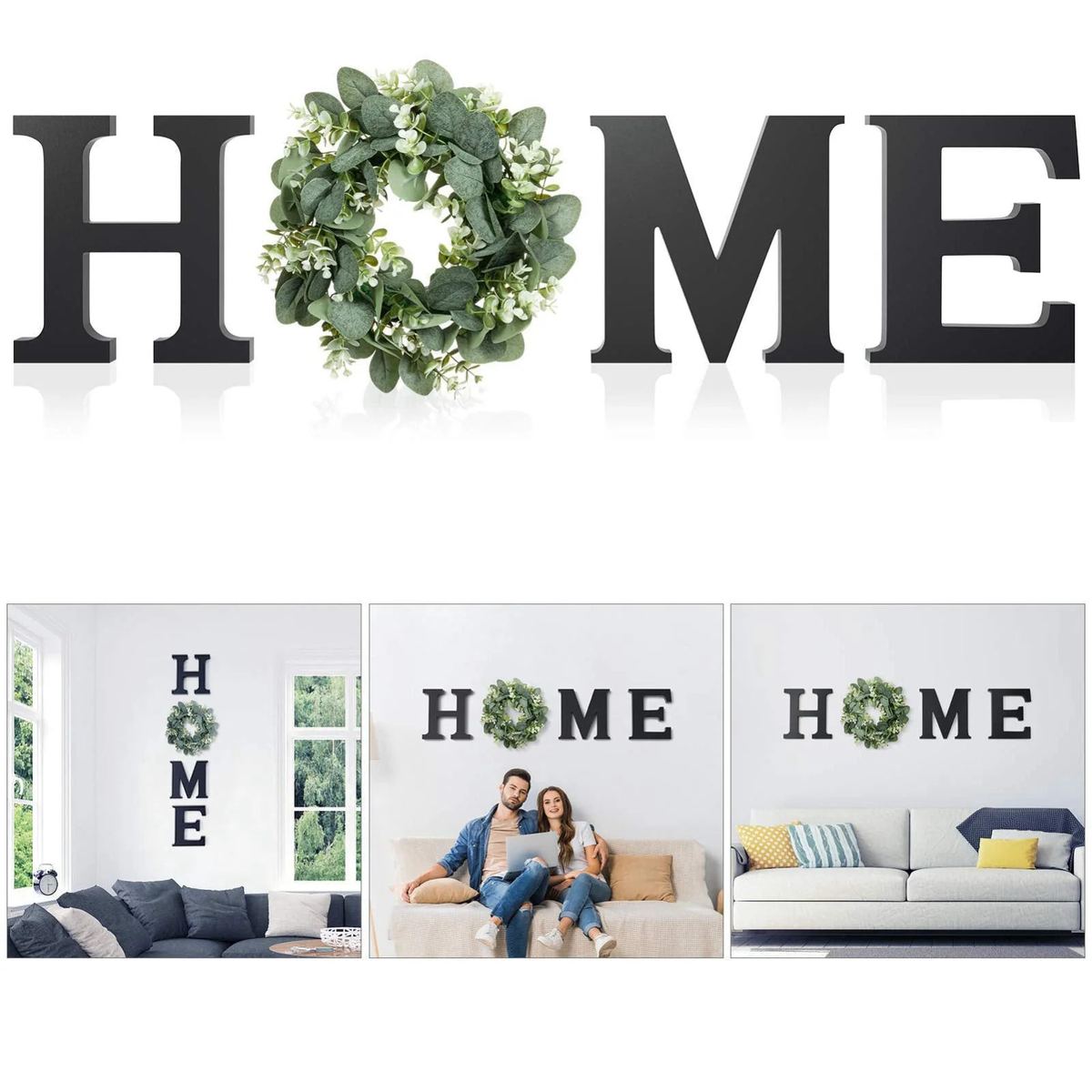 Wooden Home Letters with Wreath Artificial Eucalyptus Modern