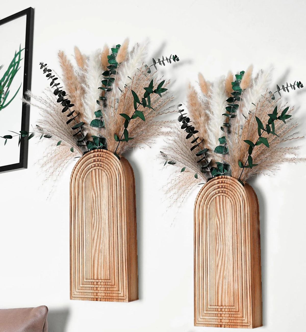 Set of 2 Wooden Vases with Pampas Grass and Eucalyptus Boho