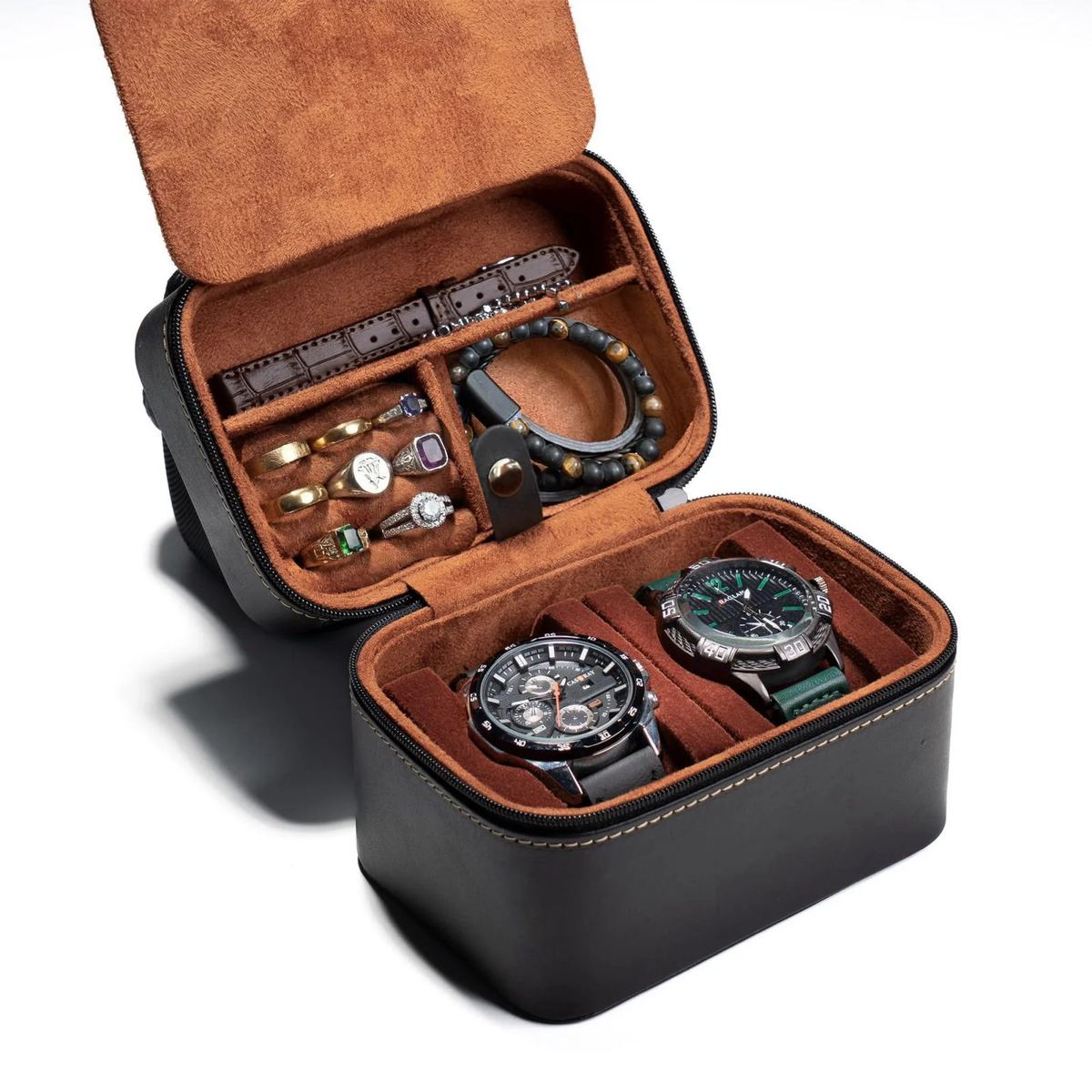 2 slots premium leather Watch travel Case Hard watch storage