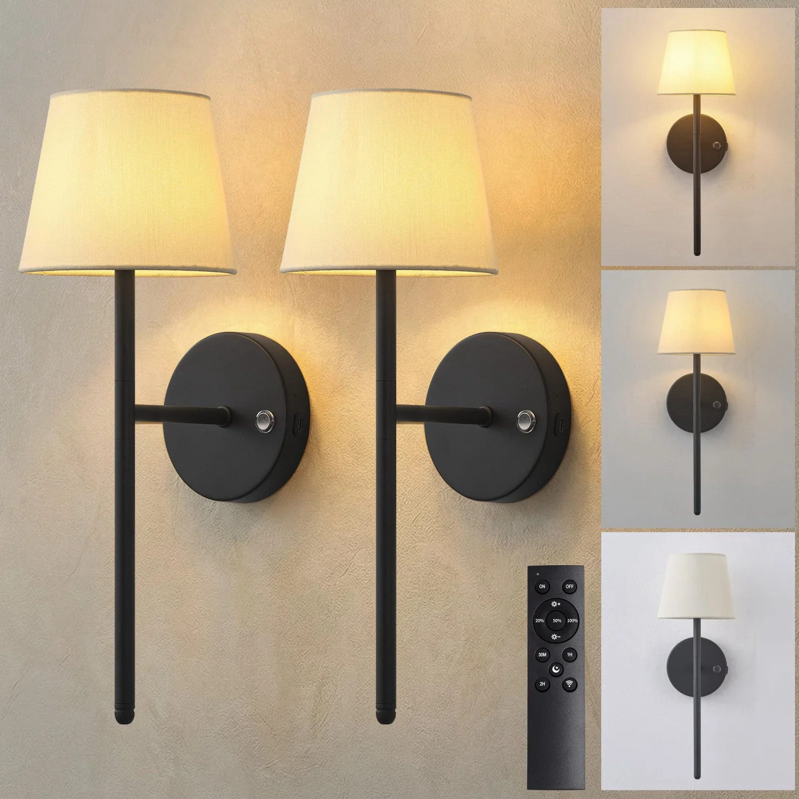 Battery Operated Wall Sconce Set of 2 Black Rechargeable