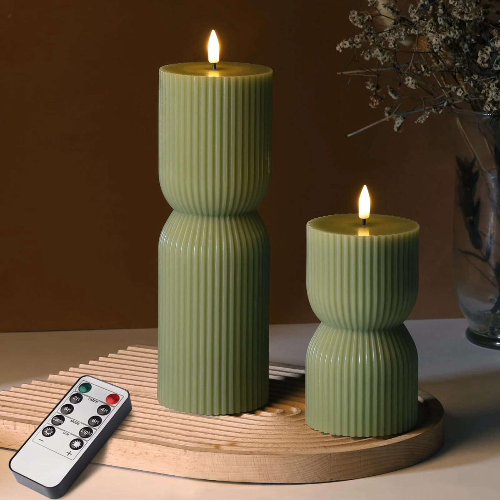 Olive Green Ribbed Flameless Pillar Candles with Remote Set
