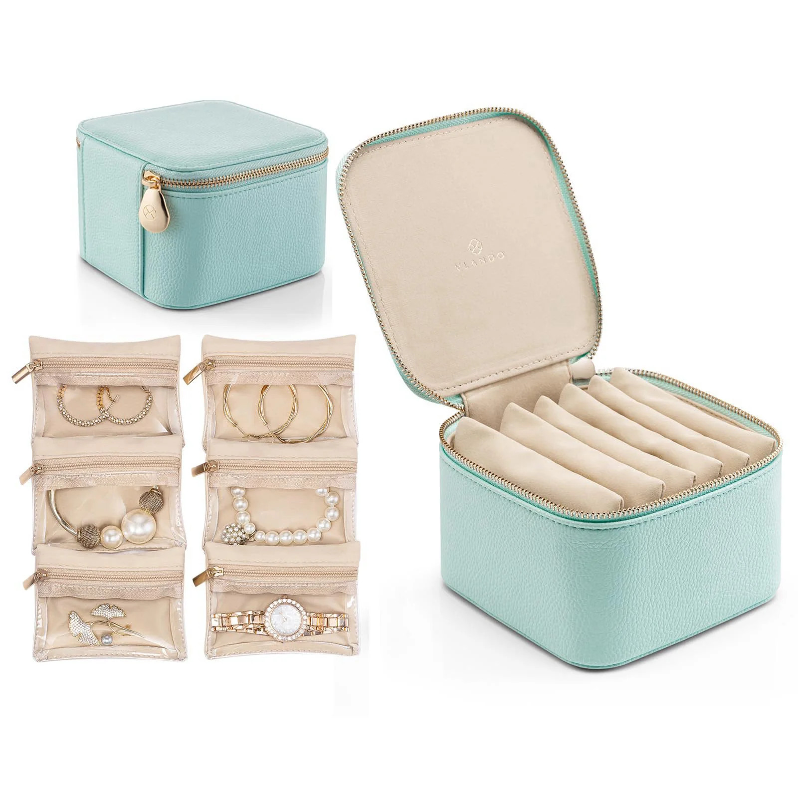 VLANDO Travel Jewelry Box Organizer with 6 Zippered Pouches