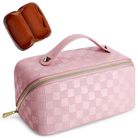 Cessfle Large Capacity Travel Cosmetic Bag Plaid Checkered