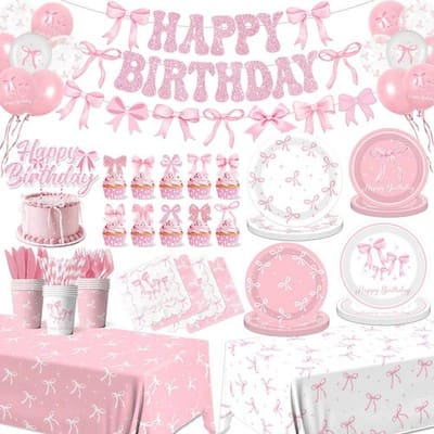 Pink Bow Birthday Party Supplies 24 Count