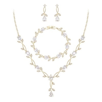 Bridal Jewelry Set Cubic Zirconia Pearl Leaf