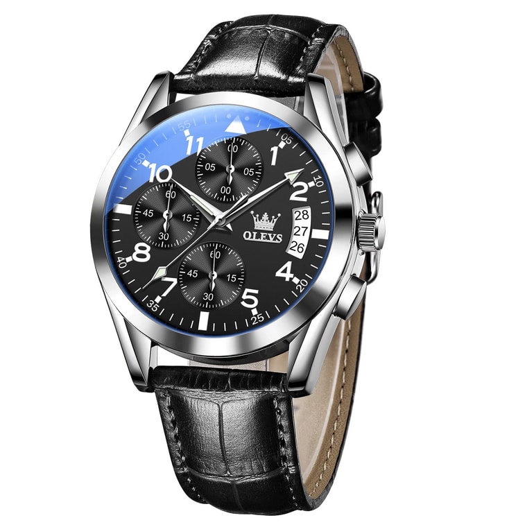 OLEVS Men s Casual Leather Watches Big Face Chronograph