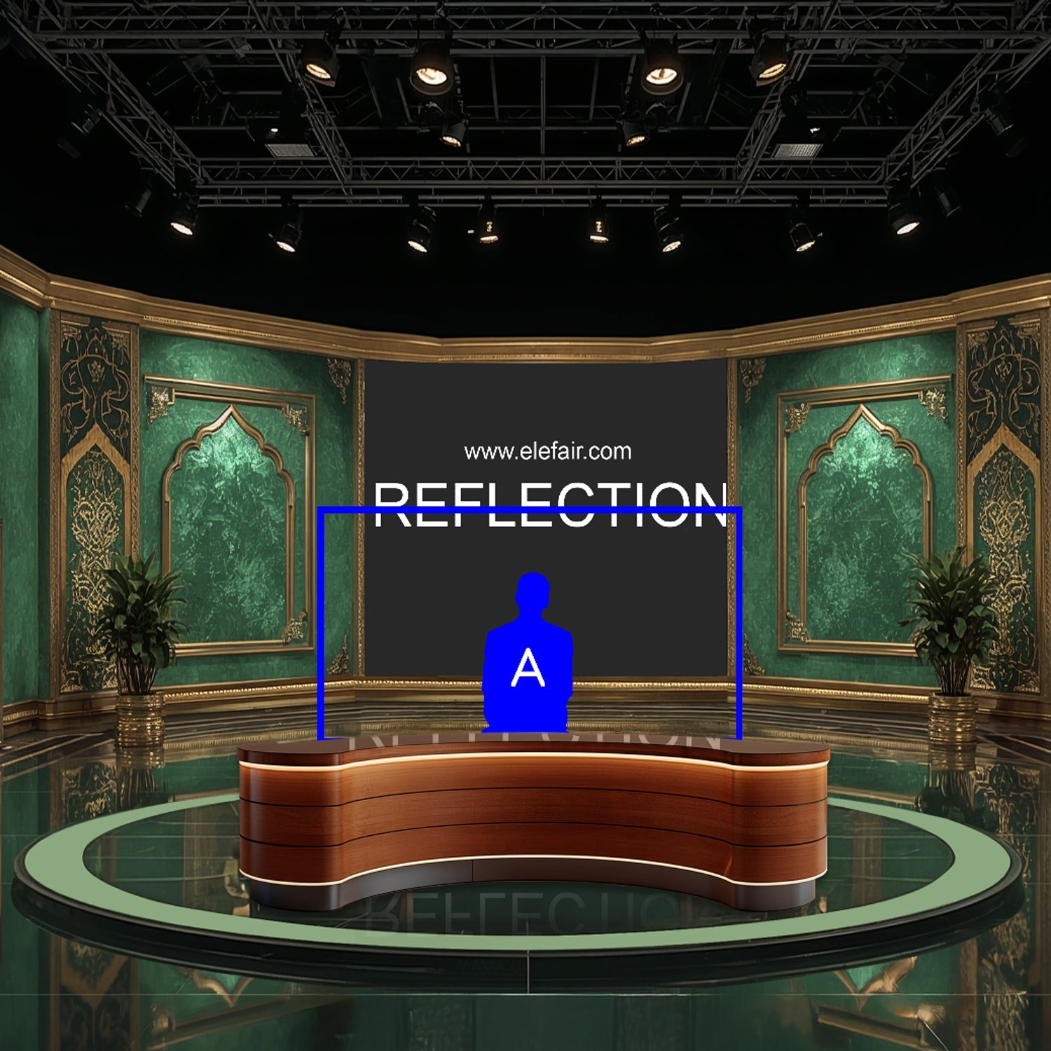 Modern virtual studio setup with digital screens and professional lighting equipment