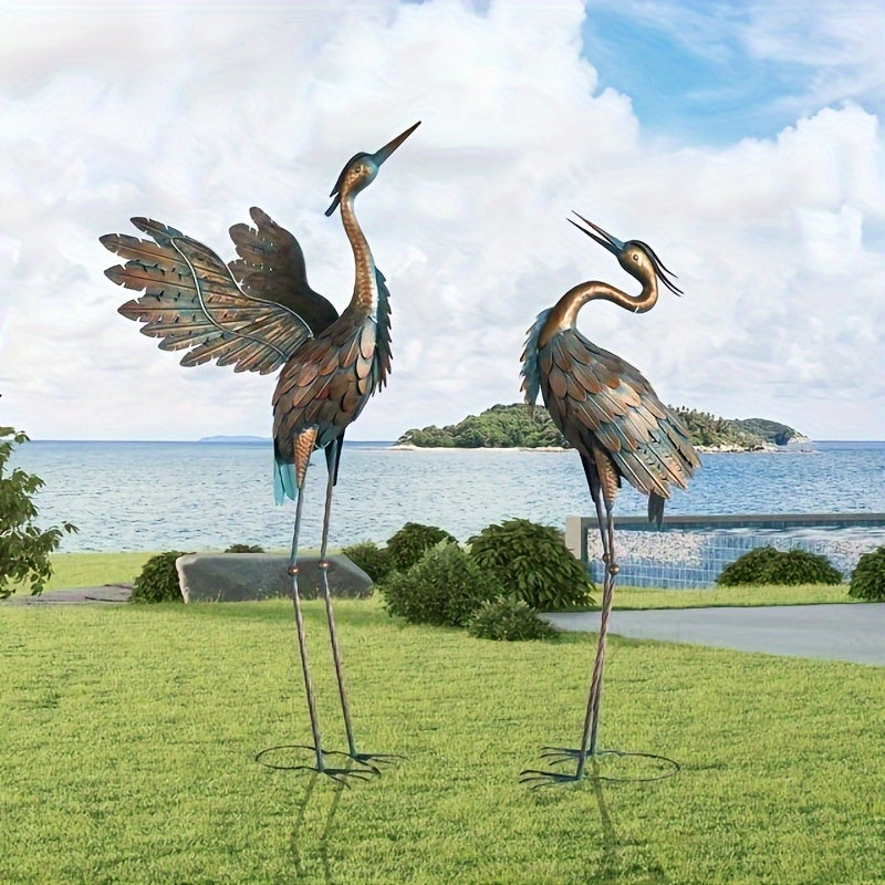 Set of 2 metal crane statues, bird sculptures for yard decor, featuring elegant heron designs for garden decoration.