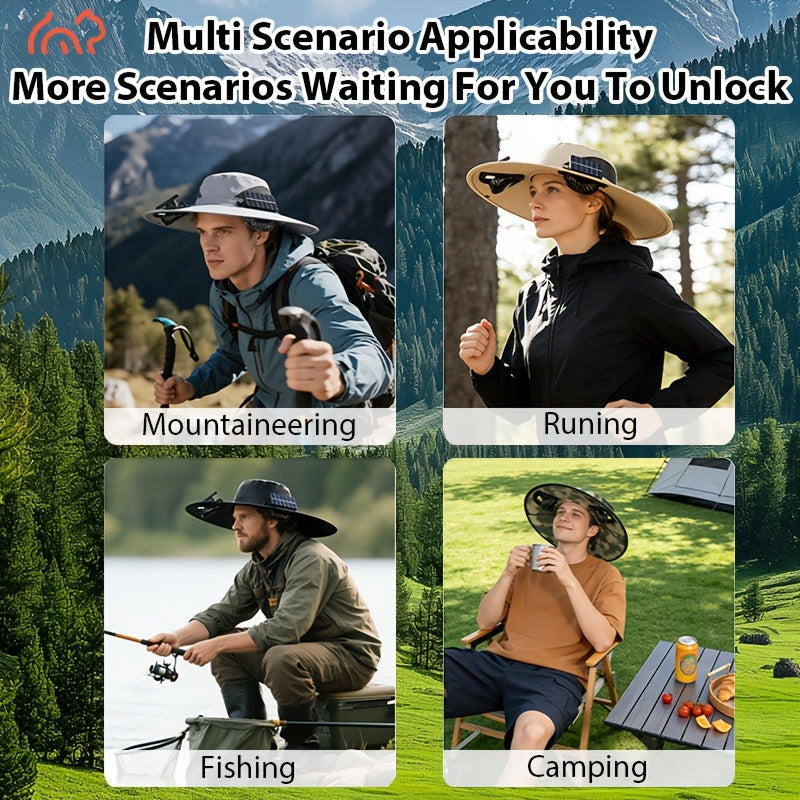 Temu solar-powered dual fan sunshade hat with adjustable straps, USB rechargeable, ideal for outdoor sun protection and cooling.