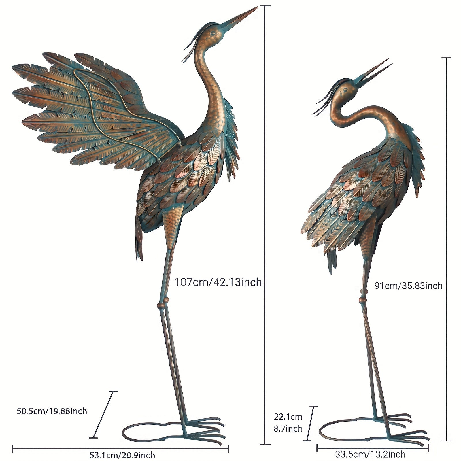 Set of 2 metal crane statues, bird sculptures for yard decor, elegant heron garden statues for outdoor landscaping.