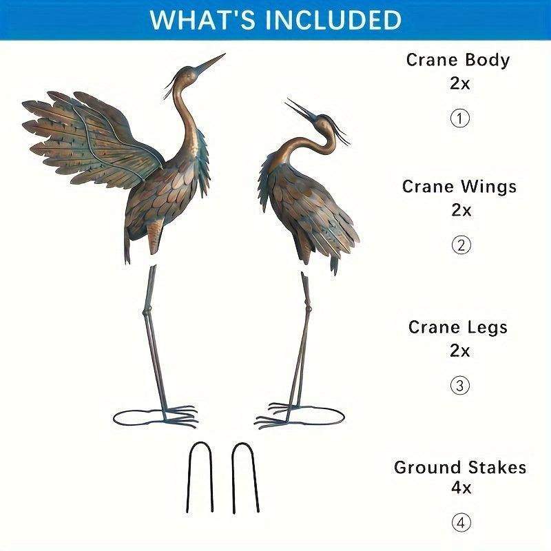 Set of 2 metal crane statues, garden heron bird sculptures for yard decor, featuring detailed metal craftsmanship by Temu.