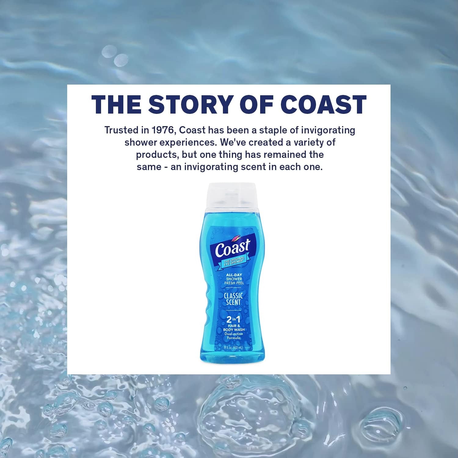 Coast 2-in-1 hair and body wash for men in classic scent, featuring shampoo and body wash in a sleek bottle.