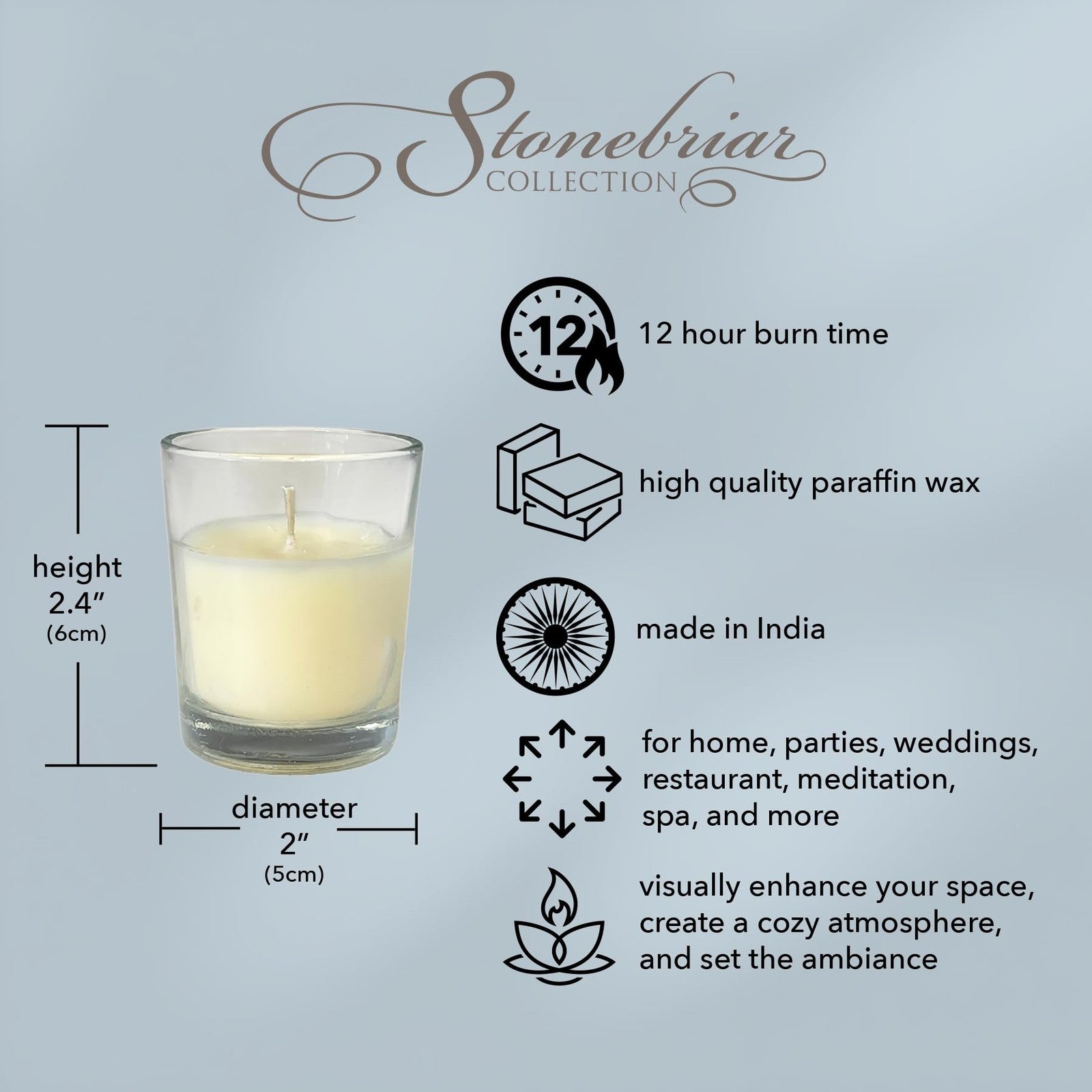 Set of 24 Stonebriar unscented long-burning clear glass ivory wax votive candles with wicks, perfect for decorative lighting.
