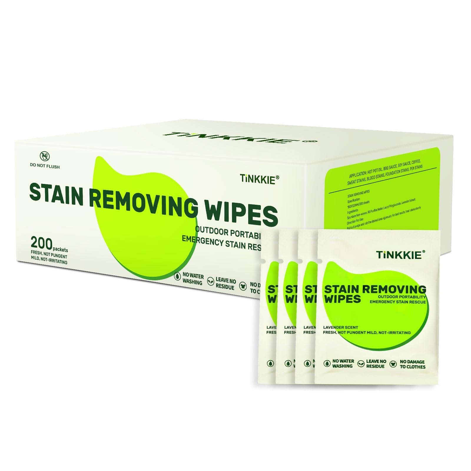 TiNKKiE stain remover wipes for clothes and fabric, 200-pack, showing individual wipes and fabric with stain removal in progress.