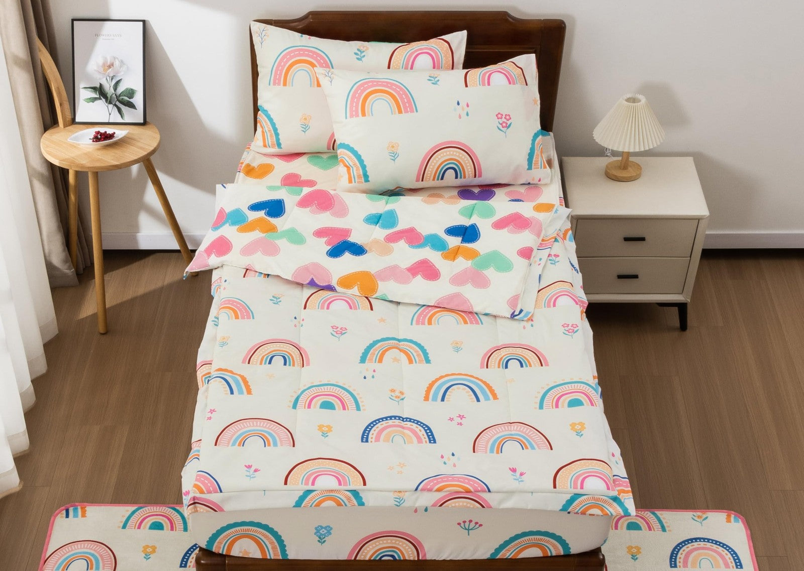 Meeting Story kids comforter set for girls, twin bedding with zipper closure, featuring colorful, cozy design for children's bedroom.