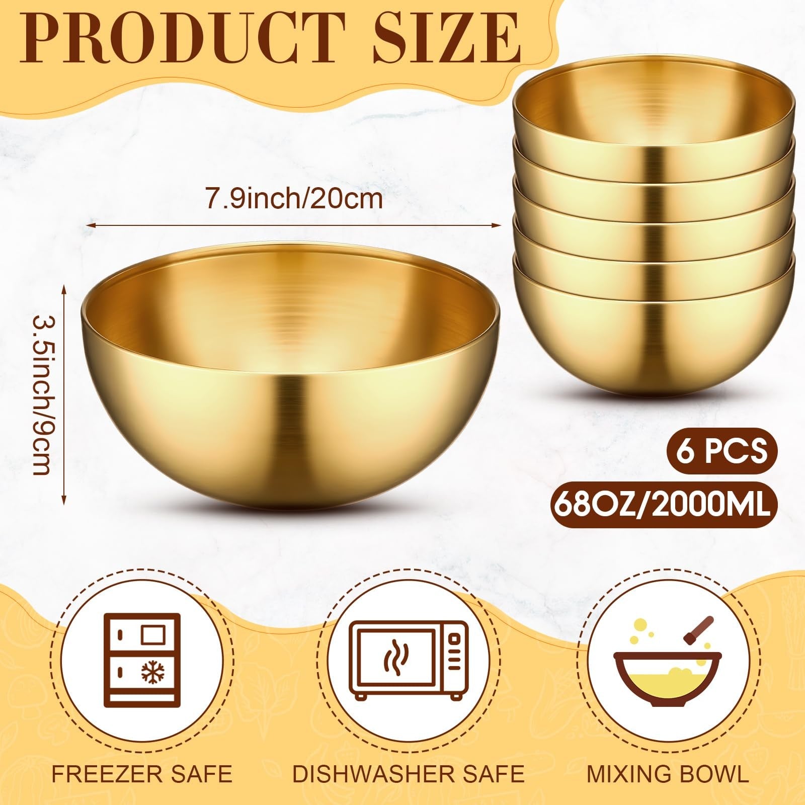 Set of six Nuogo gold stainless steel mixing bowls with decorative gold finish, ideal for kitchen and food prep.