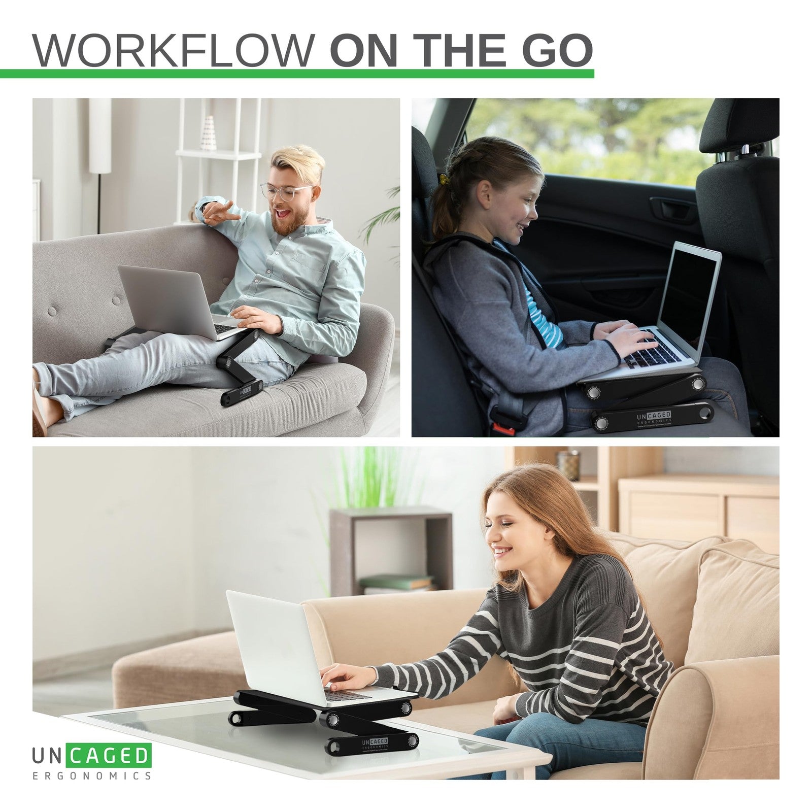 Uncaged Ergonomics WorkEZ adjustable laptop stand with multiple height settings on a desk, promoting ergonomic workspace setup.