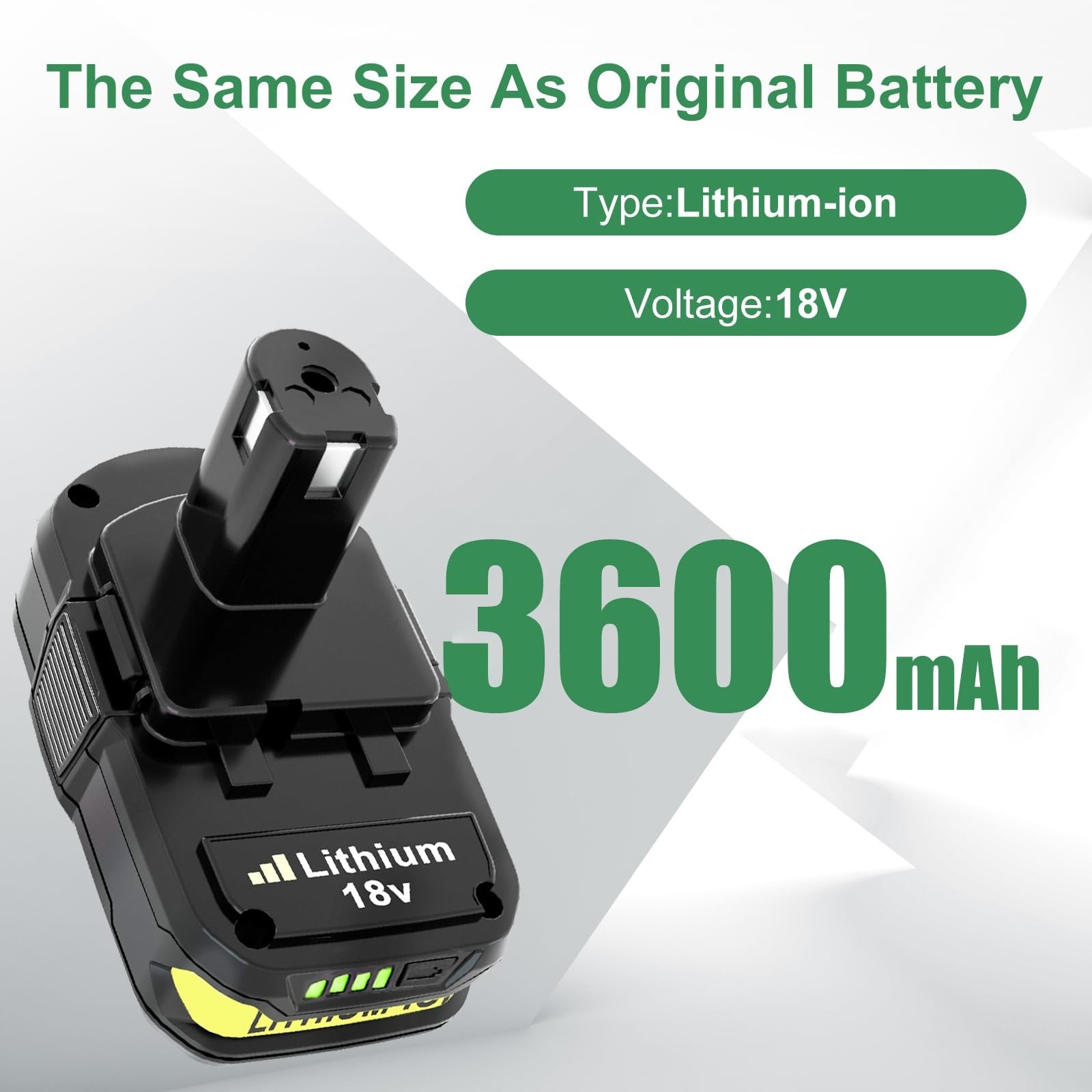 Reoben 2-pack 3.6Ah lithium batteries for Ryobi 18V tools, compatible replacement power batteries, suitable for cordless tools.