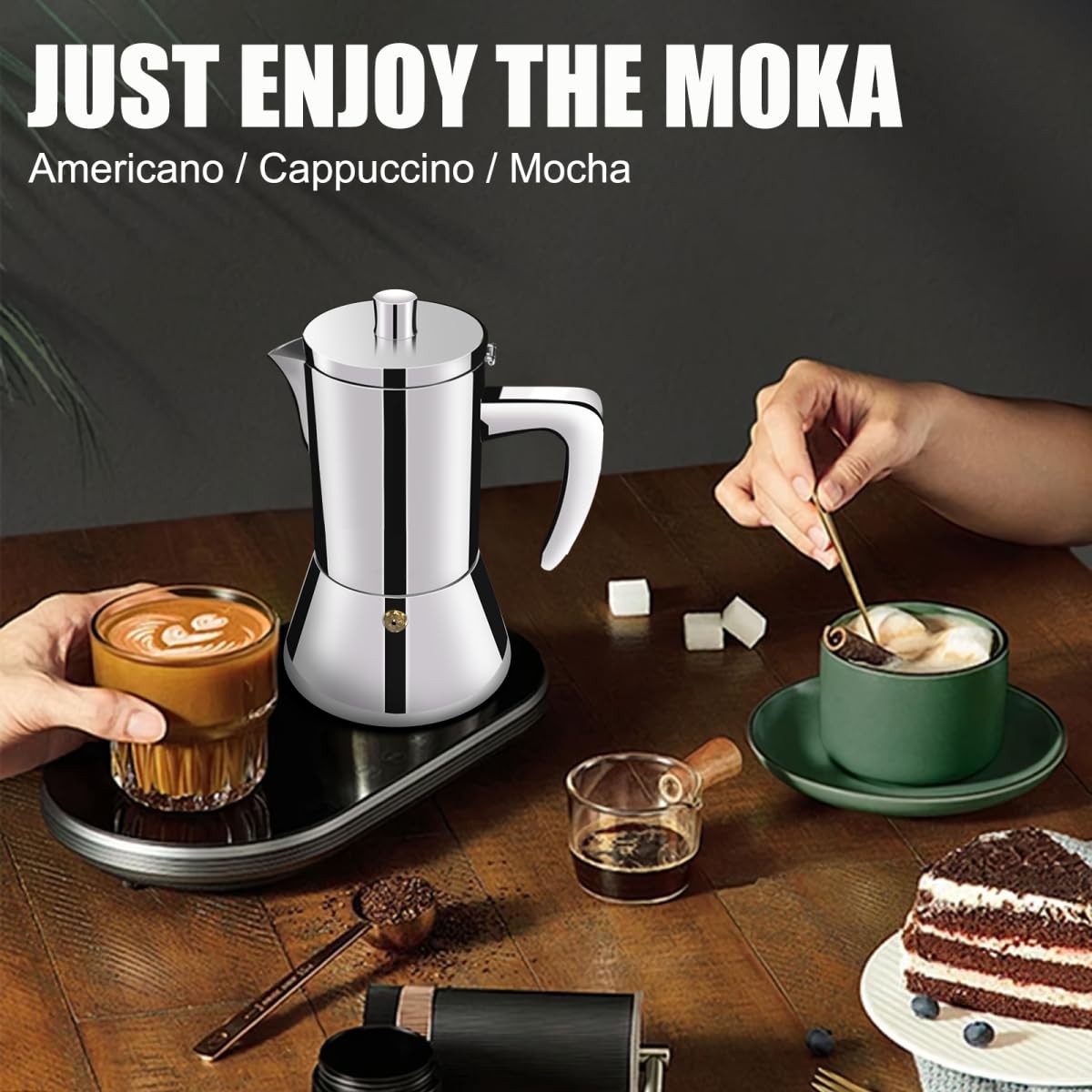 DITOSH 12-cup stainless steel Moka Pot stovetop espresso maker with handle and lid, designed for brewing rich espresso.