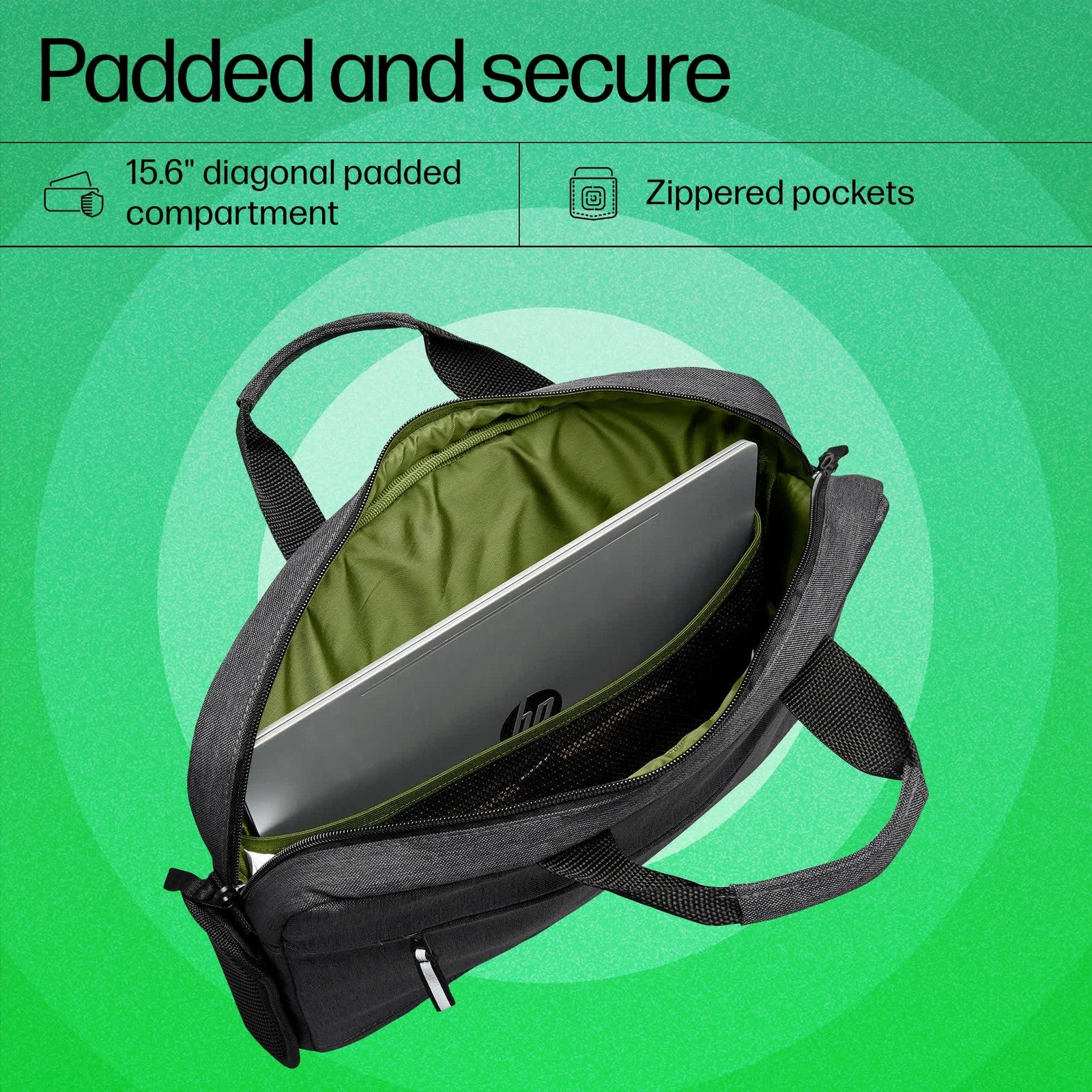 HP Prelude top-load laptop bag for 15.6-inch laptops, made of durable water-resistant fabric with padded handles.