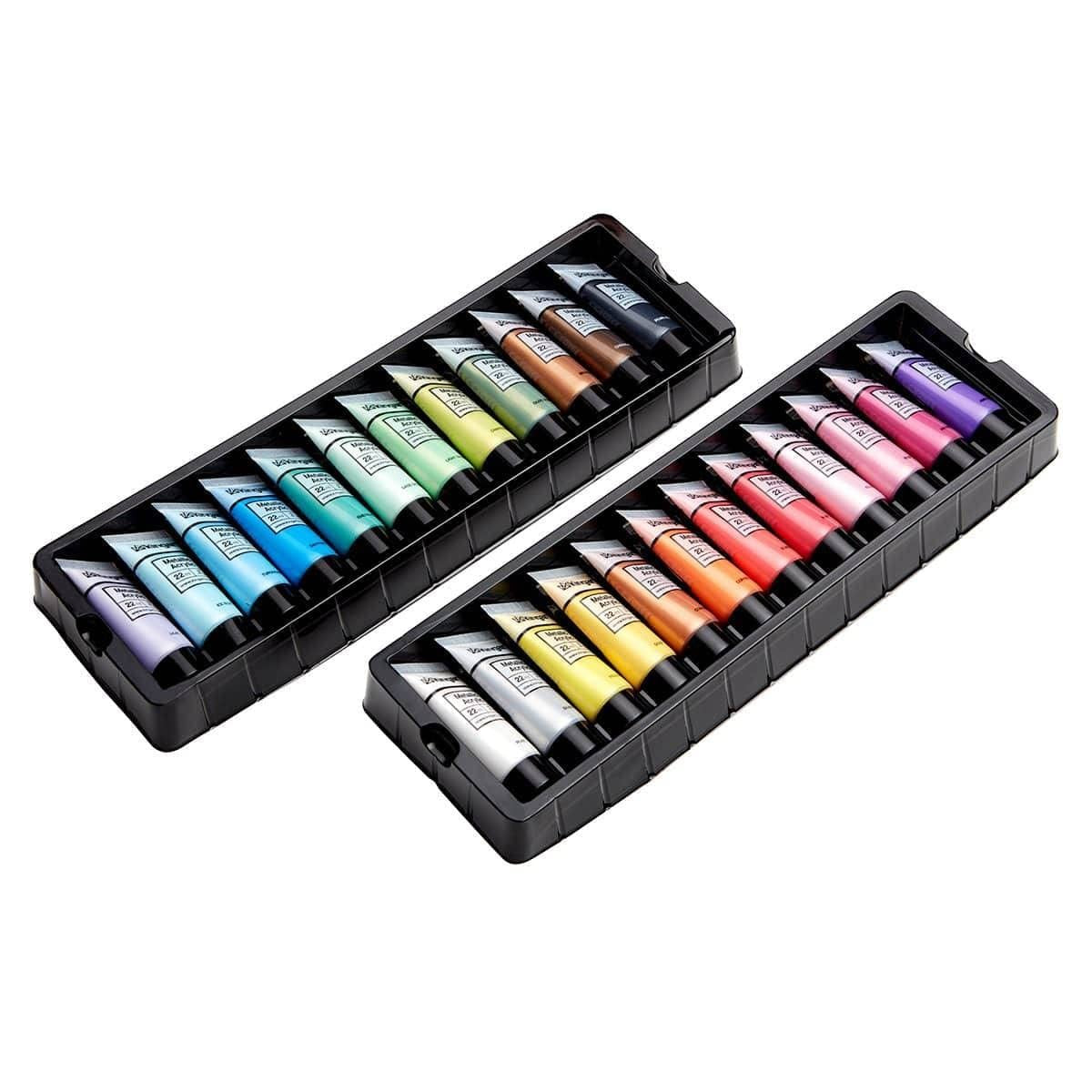 KINGART metallic acrylic paint set with 24 colorful tubes, each 0.74 oz, displayed with vibrant metallic finishes on a white background.
