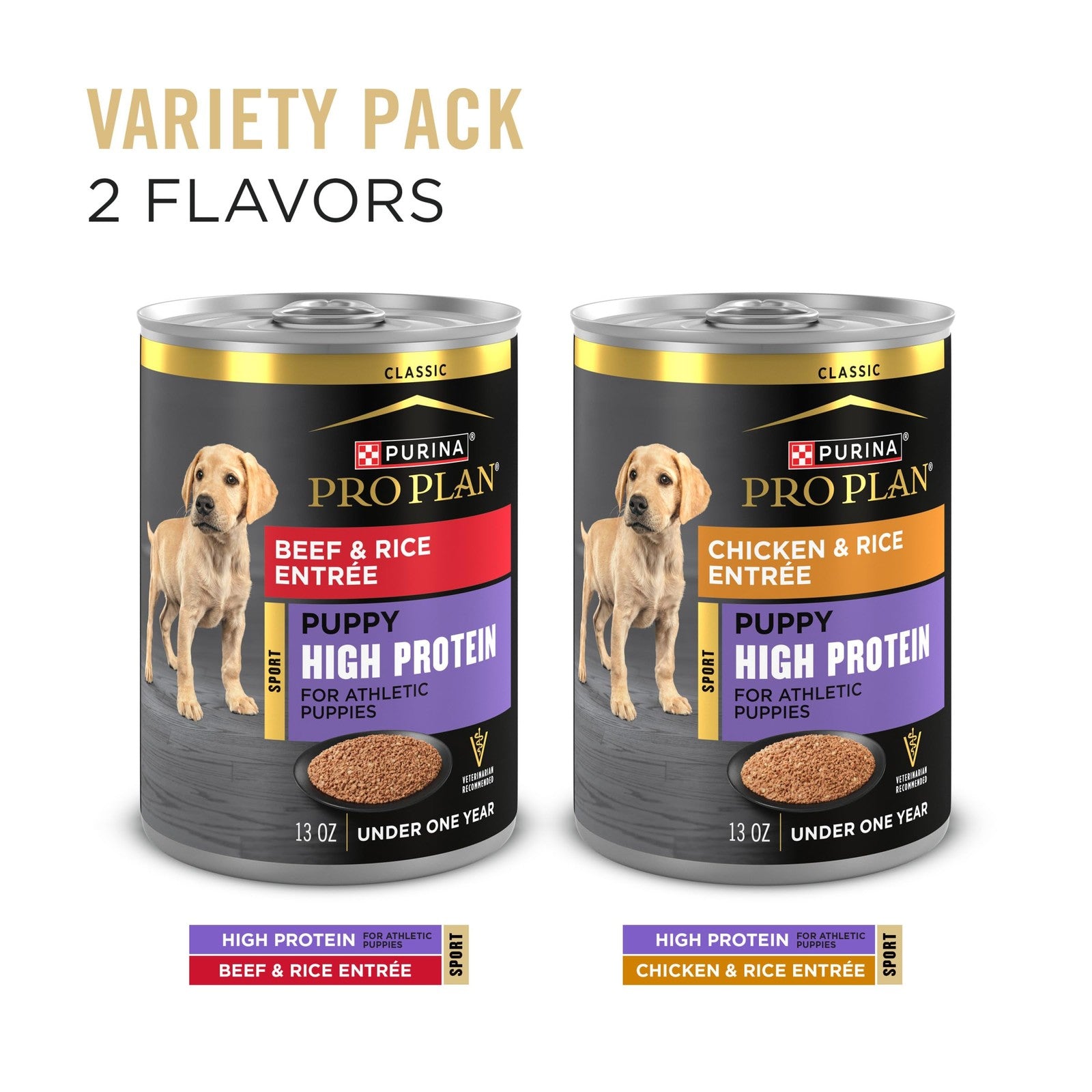 Canned Purina Pro Plan Sport high protein puppy food with beef, rice, and chicken in a shiny metal can.