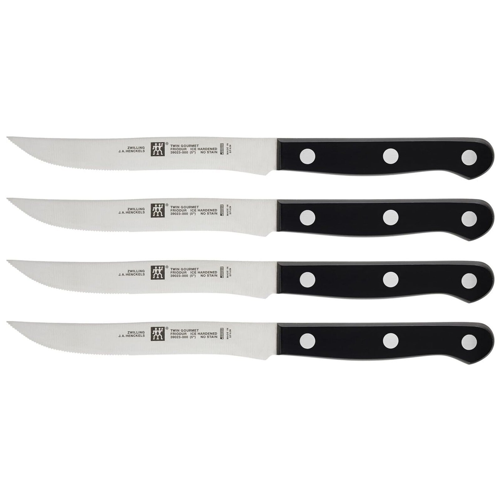 Set of four ZWILLING TWIN Gourmet steak knives with stainless steel blades and ergonomic handles for precise slicing.