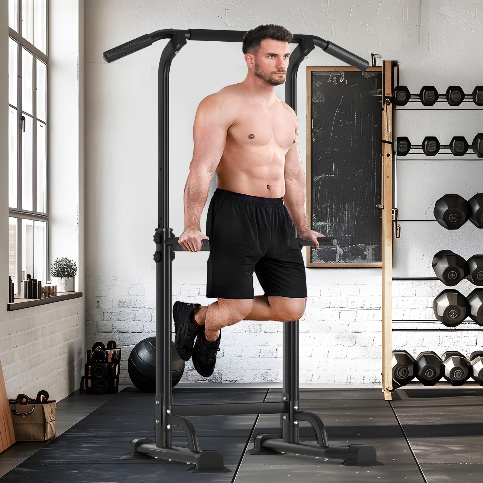 Sogeshome power tower with adjustable pull-up bar and dip station, black metal workout equipment for strength training