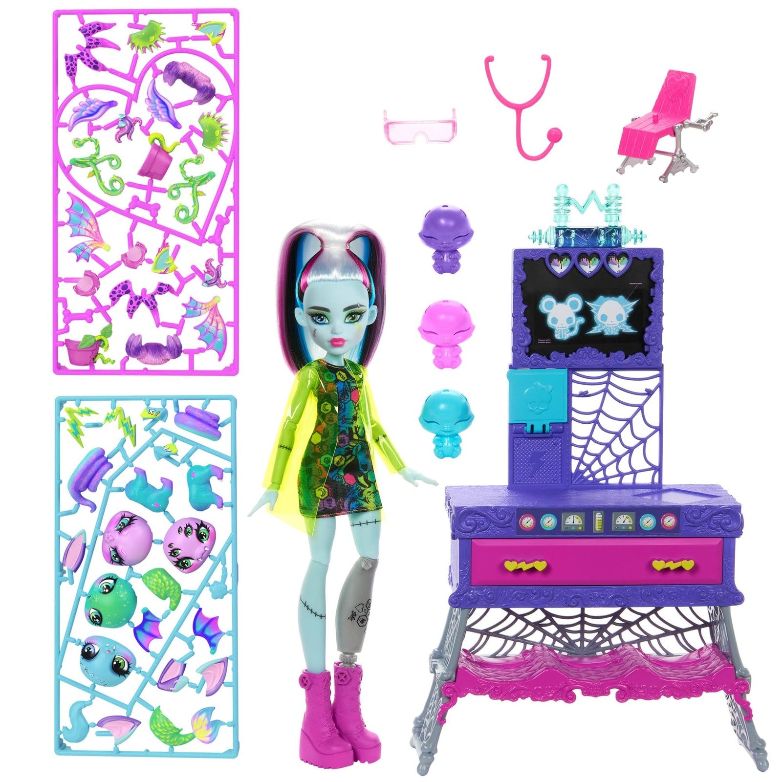Monster High Make-A-Monster Pet Playset featuring Frankie Stein doll with over 30 accessories and customizable pet options.
