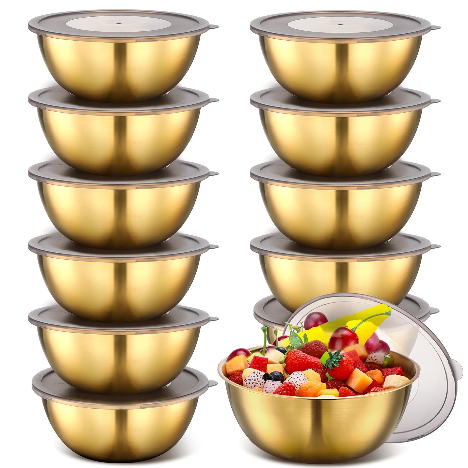 Nuogo 12-pack gold mixing bowls with airtight lids, 8.27 inches, featuring a shiny gold finish and sturdy serving design.
