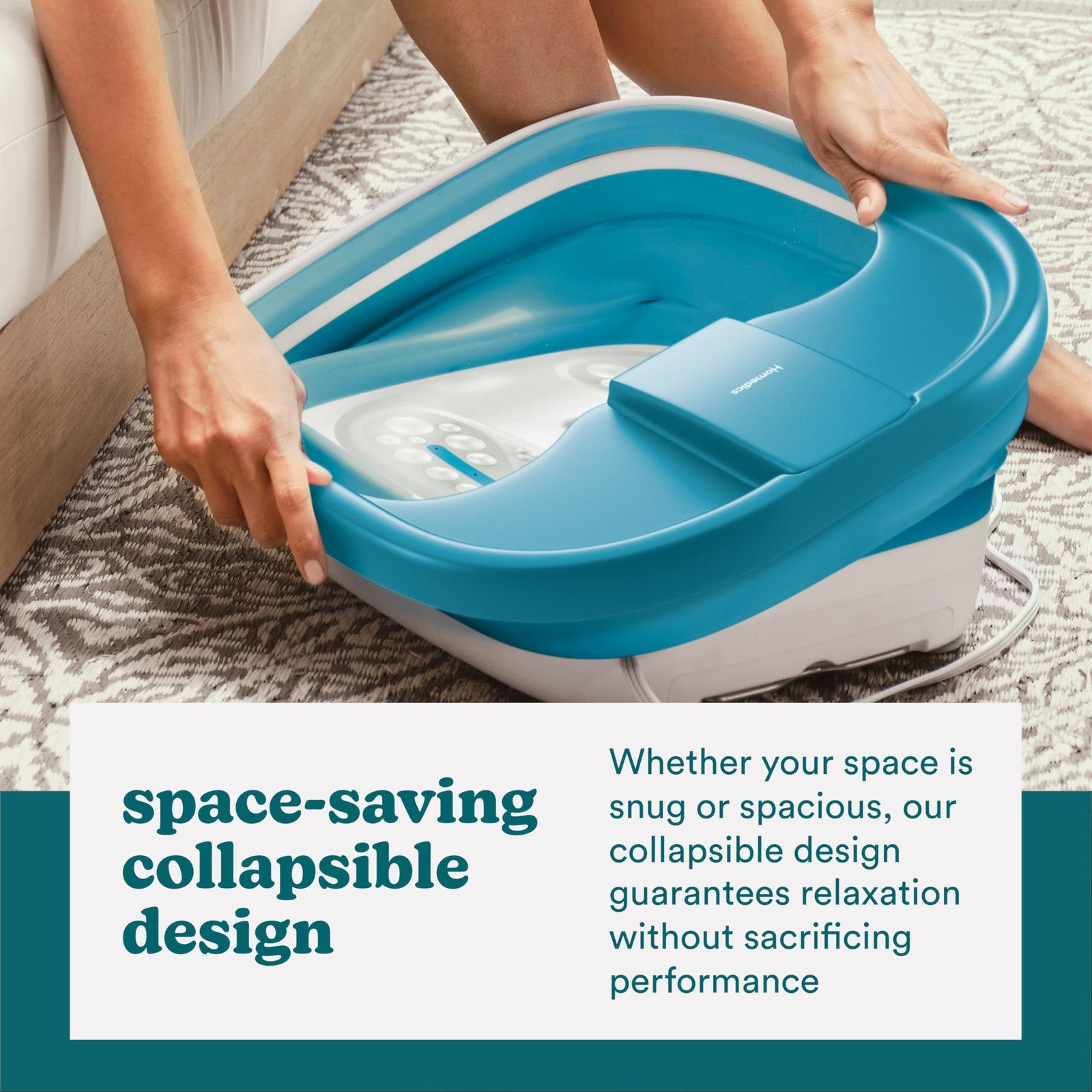 Homedics Smart Space Bubble Mate collapsible foot spa with heating and bubble functions, compact design for easy storage.