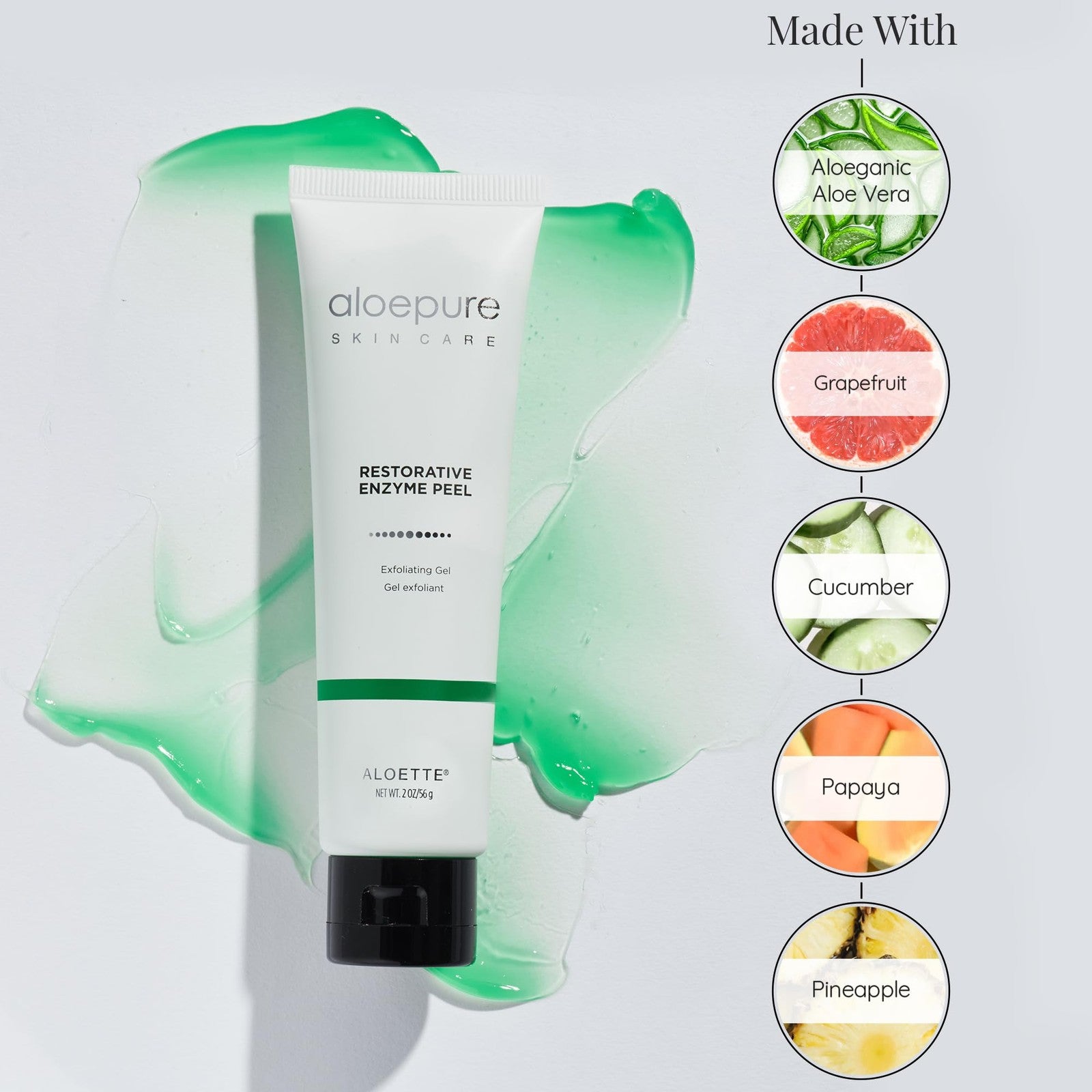 Aloette Restorative Enzyme Peel Gel in a 2 oz tube, featuring a clear gel with exfoliating and restorative properties for face peeling.