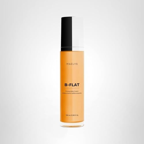 B-Flat Belly Firming Cream by Maëlys Malys Cosmetics showing a jar of stretch mark belly cream on a white surface.
