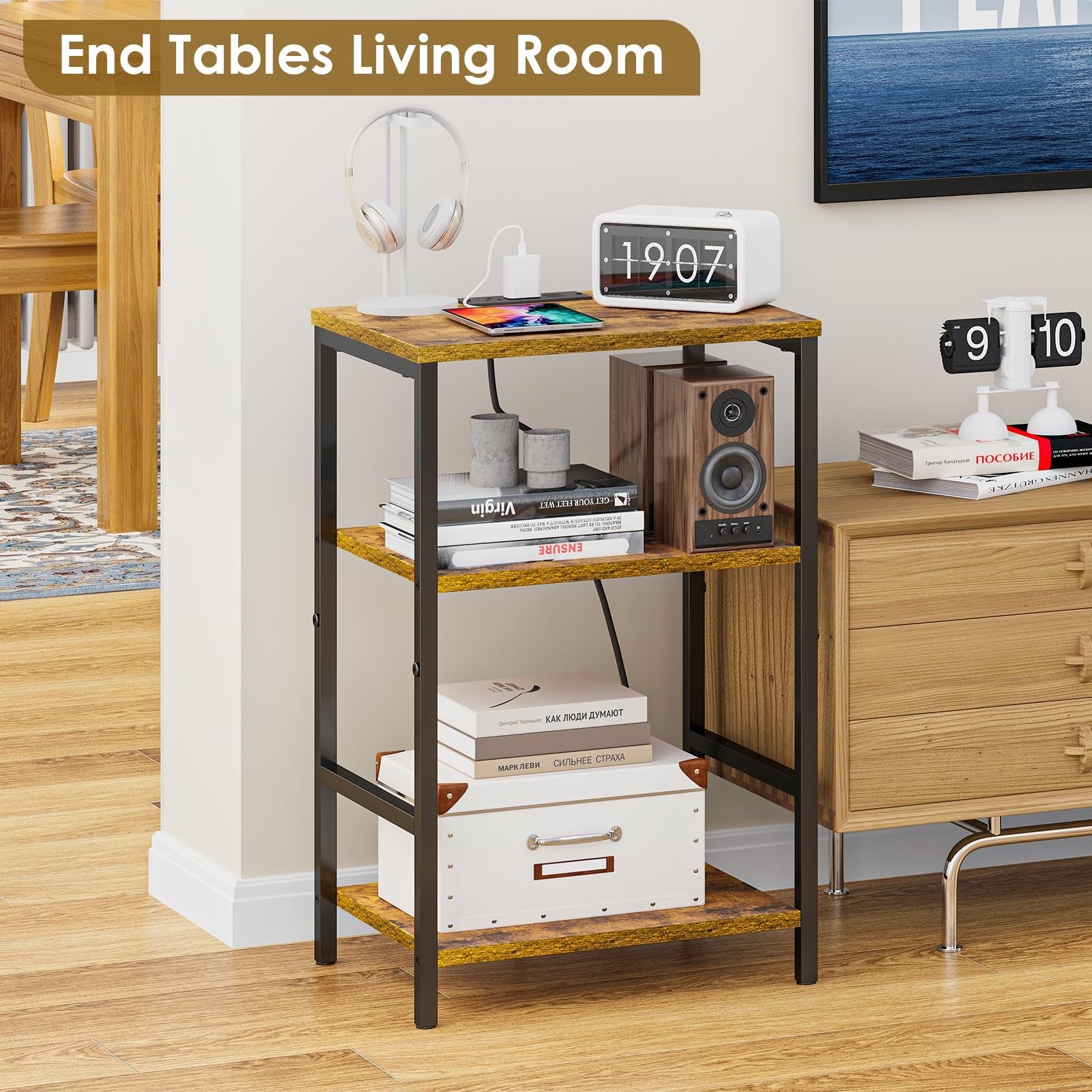 X-cosrack side table with charging station featuring USB ports and outlets, modern end table with built-in power options.