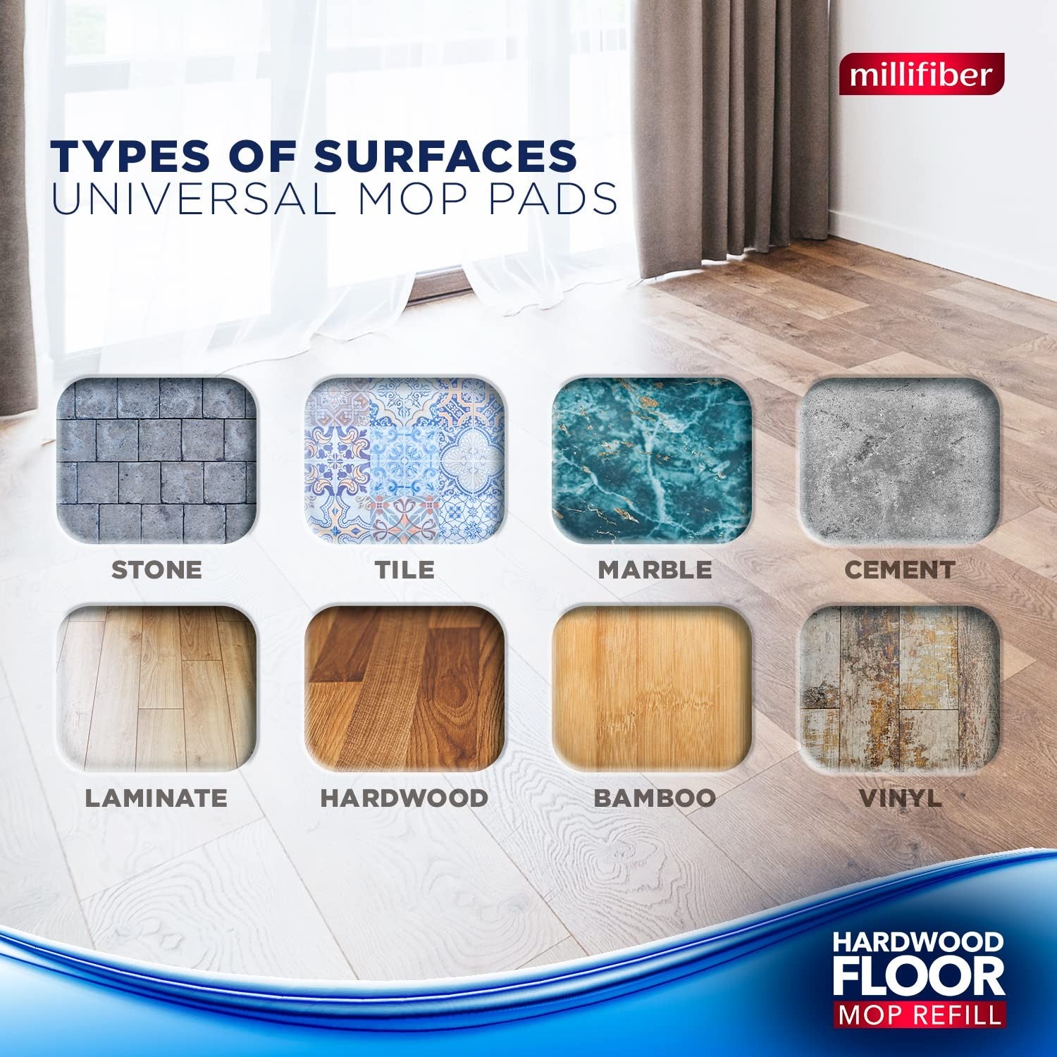 Millifiber microfiber mop refills, 15x8 inches, three-pack compatible with O-Cedar, shown with clean, textured microfiber material.