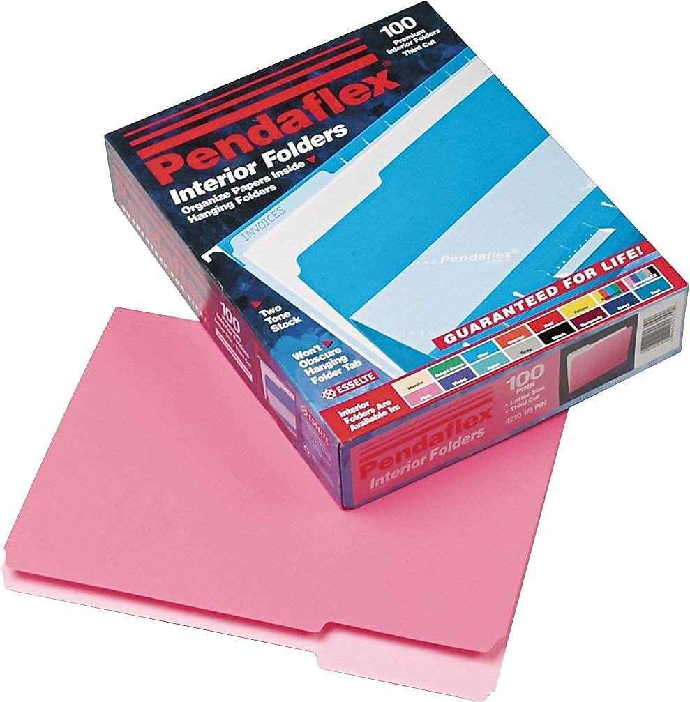 Pink Pendaflex interior file folders with 1/3 cut top tabs, letter size, 100-pack, ideal for organized filing systems.
