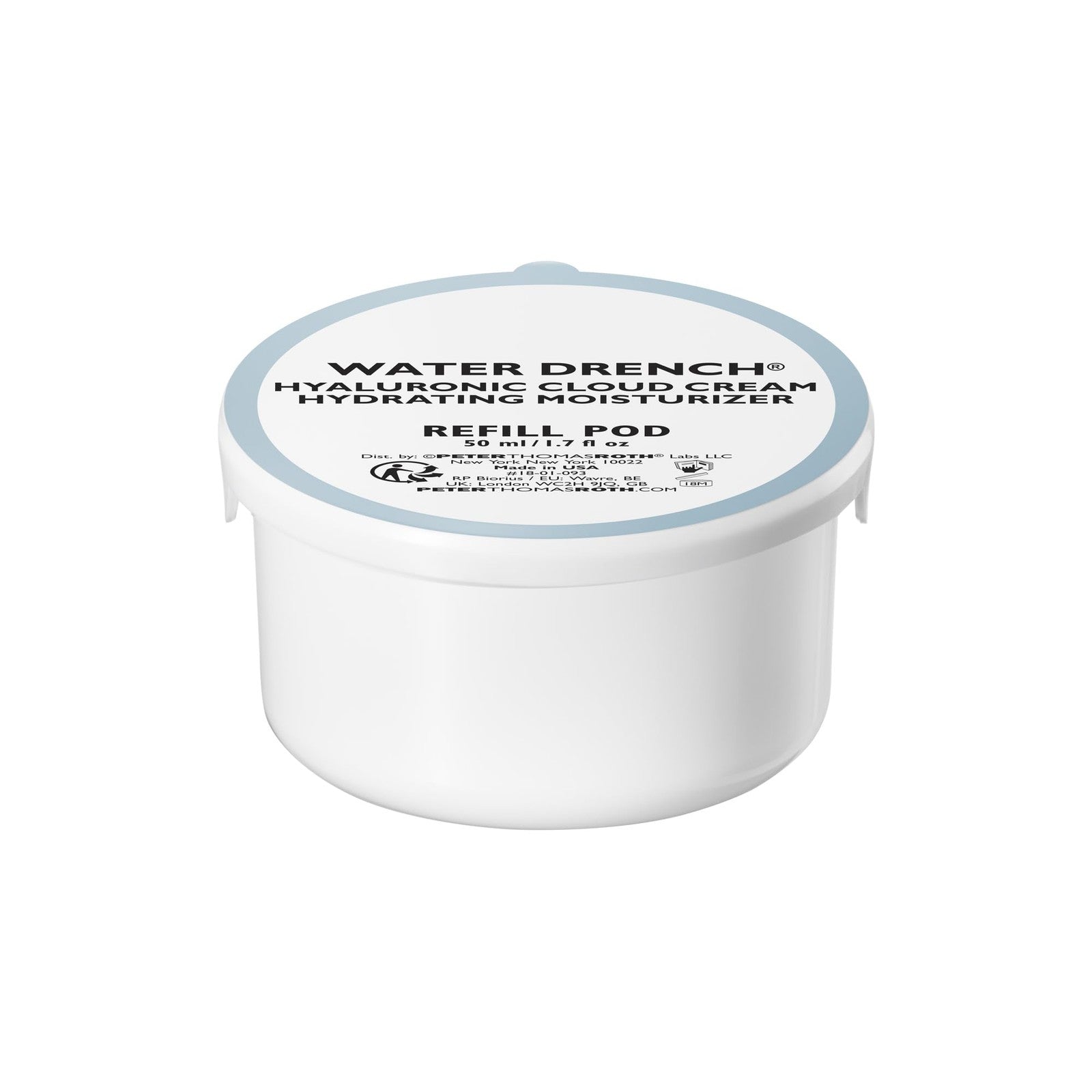 Peter Thomas Roth Water Drench Hyaluronic Cloud Cream moisturizer jar with blue and white packaging on a white background