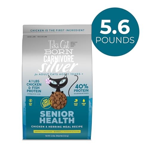 Tiki Cat Silver Senior Health dry cat food in 5.6lb bag, chicken and herring flavor, shown in a resealable package