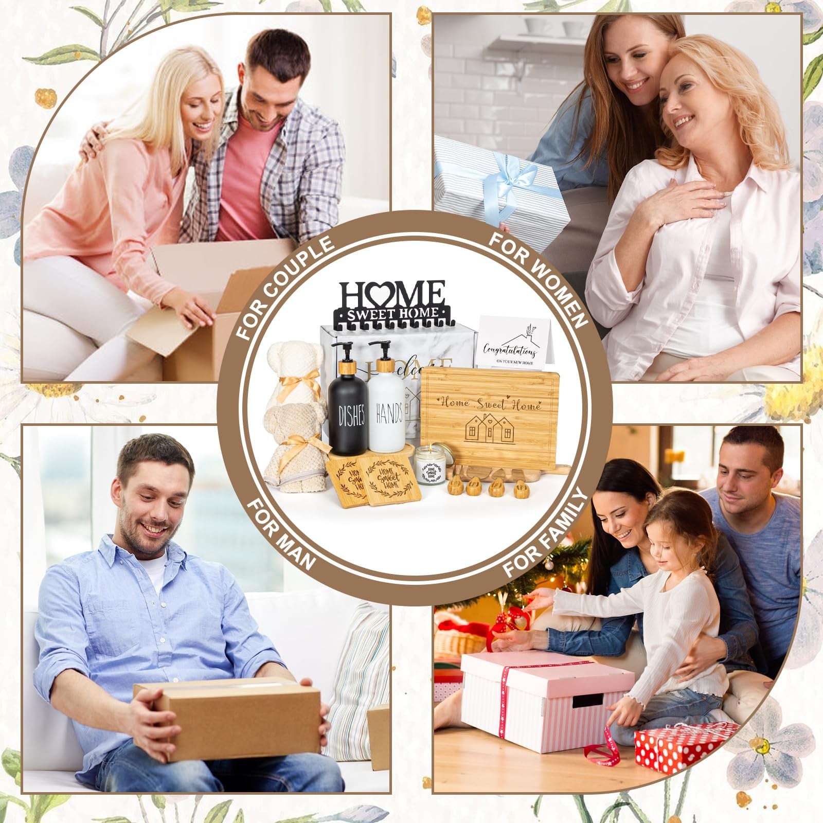 YLOVAN housewarming gift basket with home essentials and decorative items for new homeowners or couples.