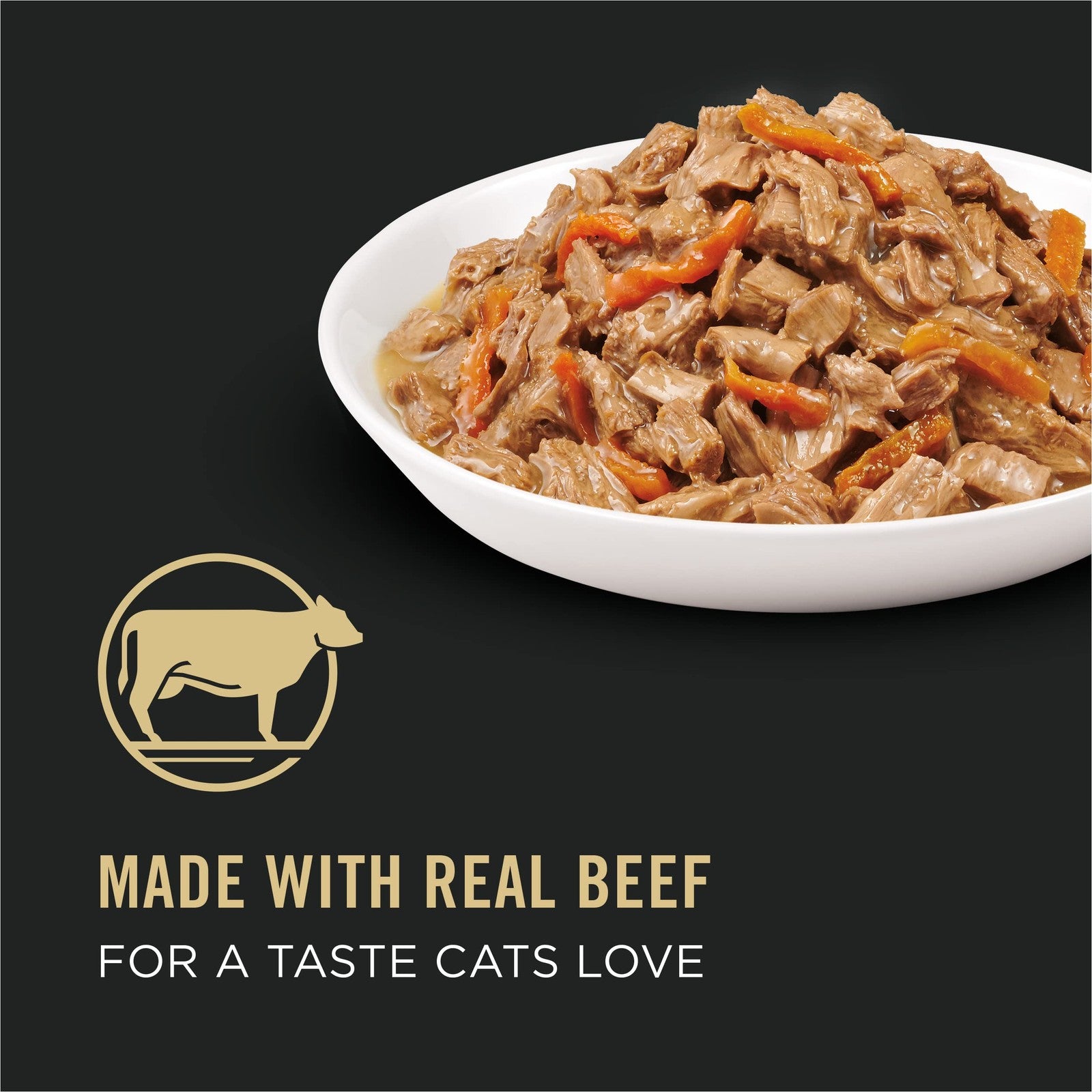 Cans of Purina Pro Plan wet cat food Beef & Carrots Entree, 24-pack, 3oz each, showing the cat food with beef and carrot ingredients