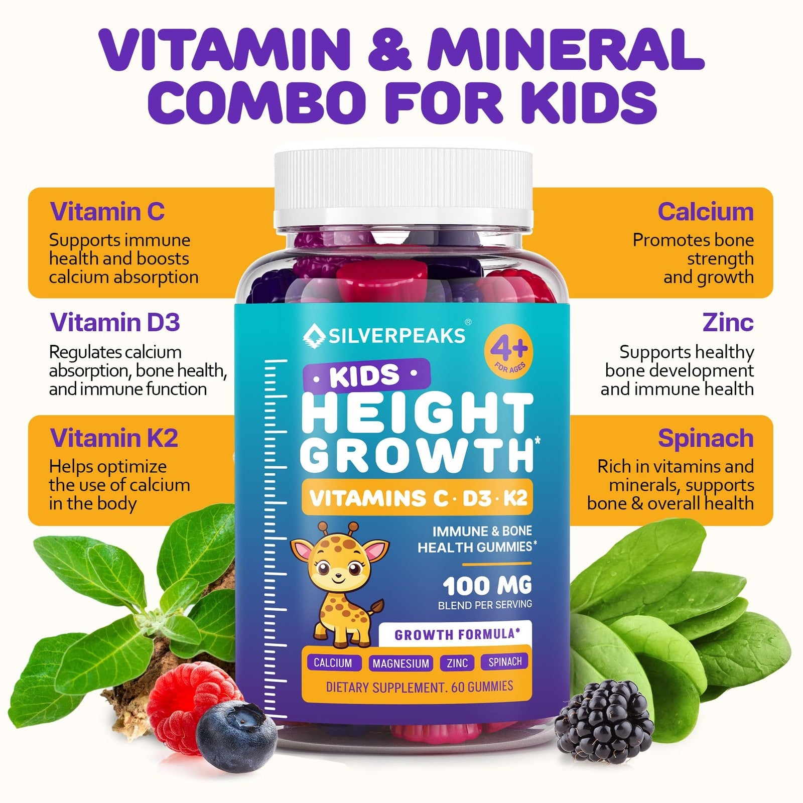 Silverpeaks height growth gummies for kids and teens, colorful vitamins in a bottle designed to support height increase.