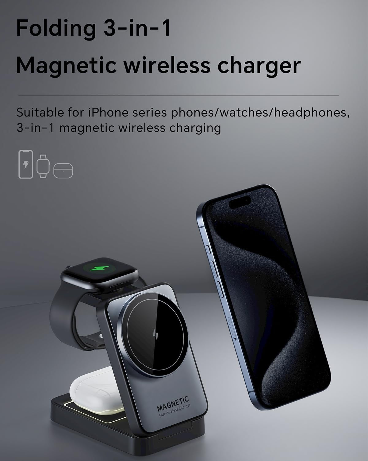 BODSEIEOU 2026 upgraded 3-in-1 wireless charger stand for iPhone, travel magnetic charger with sleek design and multiple charging ports