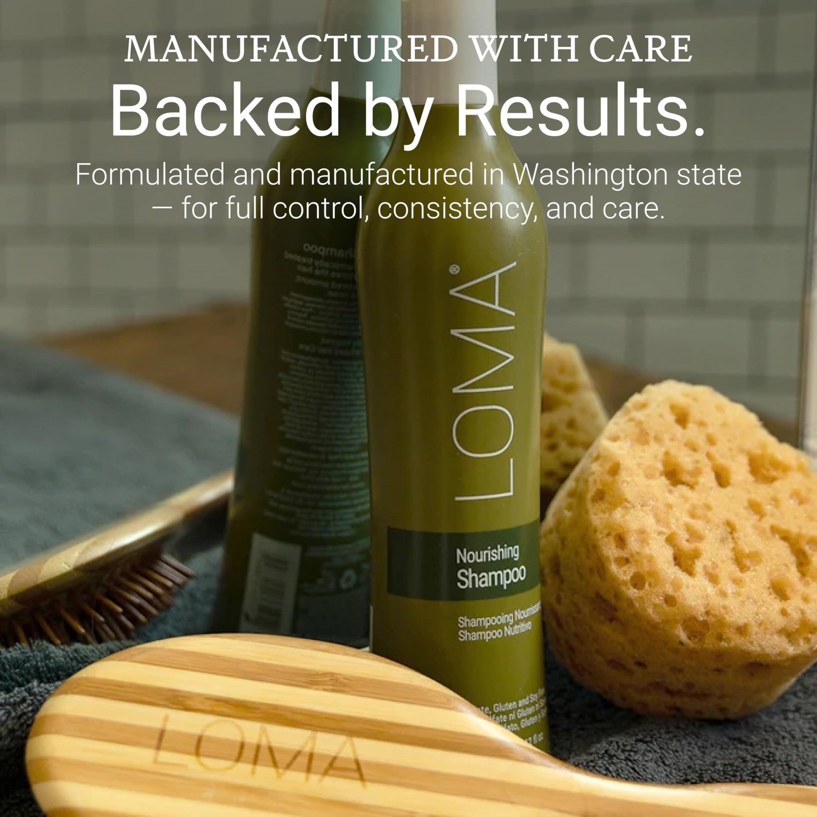 Loma Nourishing Shampoo 33 oz bottle with label, organic, sulfate, paraben and gluten-free, suitable for healthy hair.