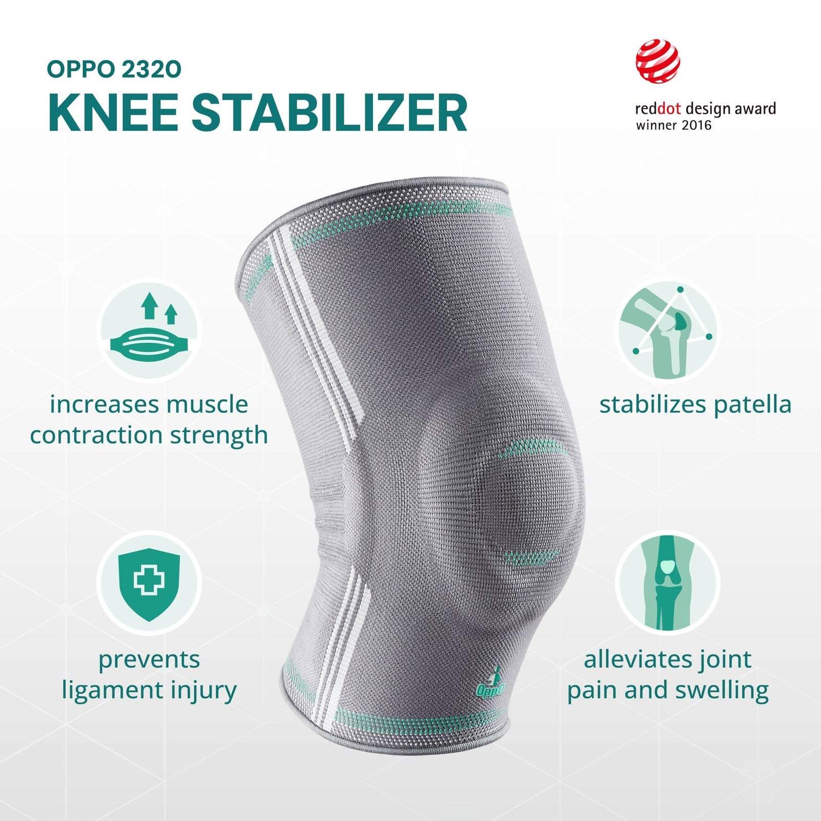 OPPO 2320 Knee Compression Sleeve gray medium nylon with gel pad and side stabilizers for knee support