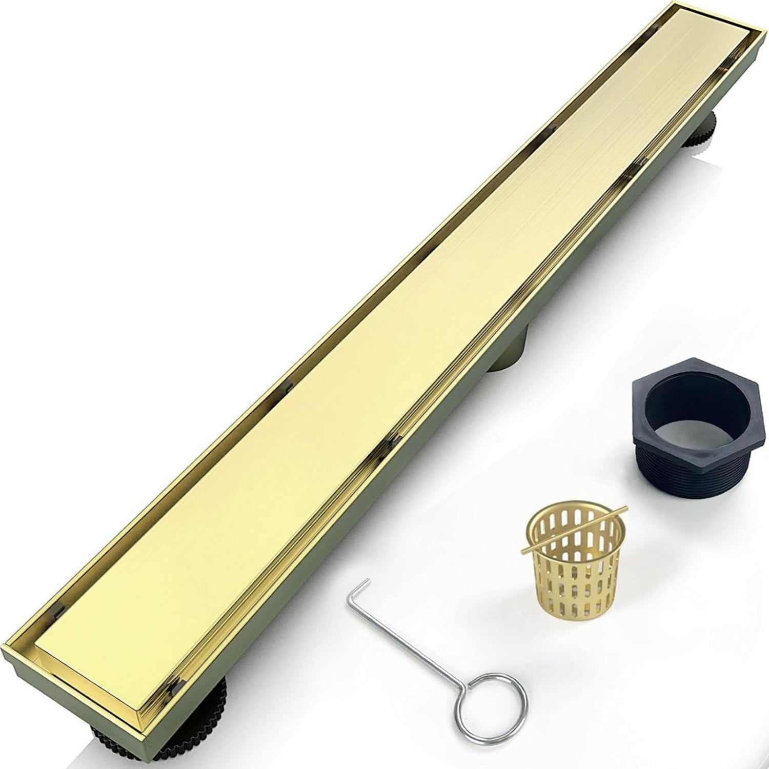 Eblog 24-inch linear shower drain in AISI 304 stainless steel with removable grate and golden finish, designed for modern bathroom flooring.