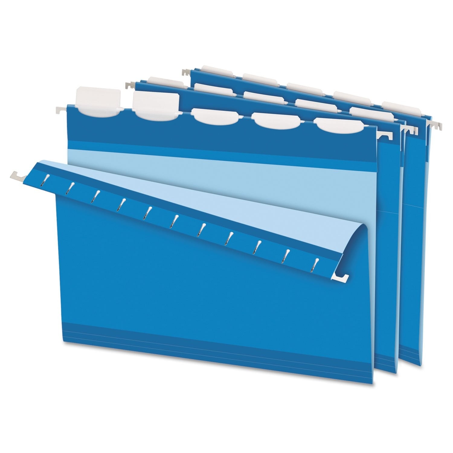 Blue Pendaflex reinforced hanging folders with 5 tabs, letter size, 25 per box, suitable for organized filing.