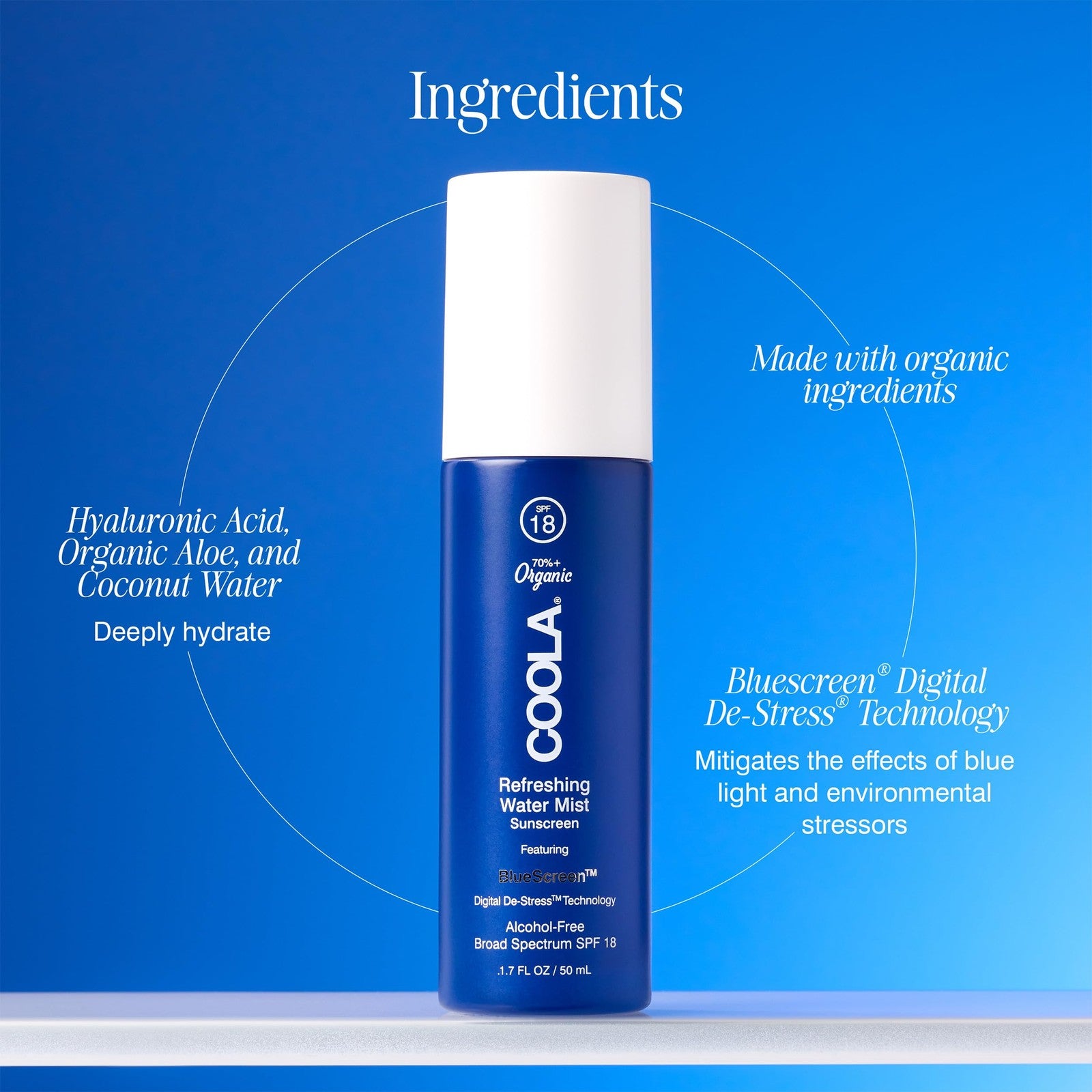 COOLA Organic Refreshing Water Mist Face Moisturizer with SPF 18, dermatologist-recommended, in a clear spray bottle.