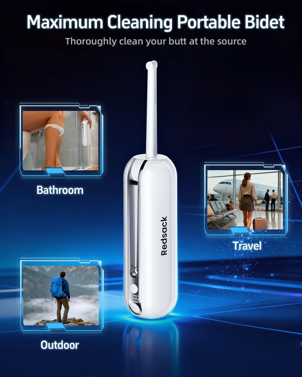 RedSack rechargeable portable electric bidet for travel, handheld high-pressure USB-C bidet spray device in black.